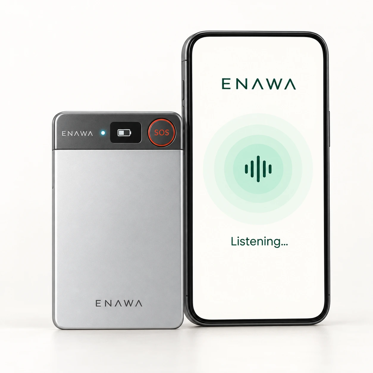 ENAWA Safety Card beside a phone showing the ENAWA listening screen