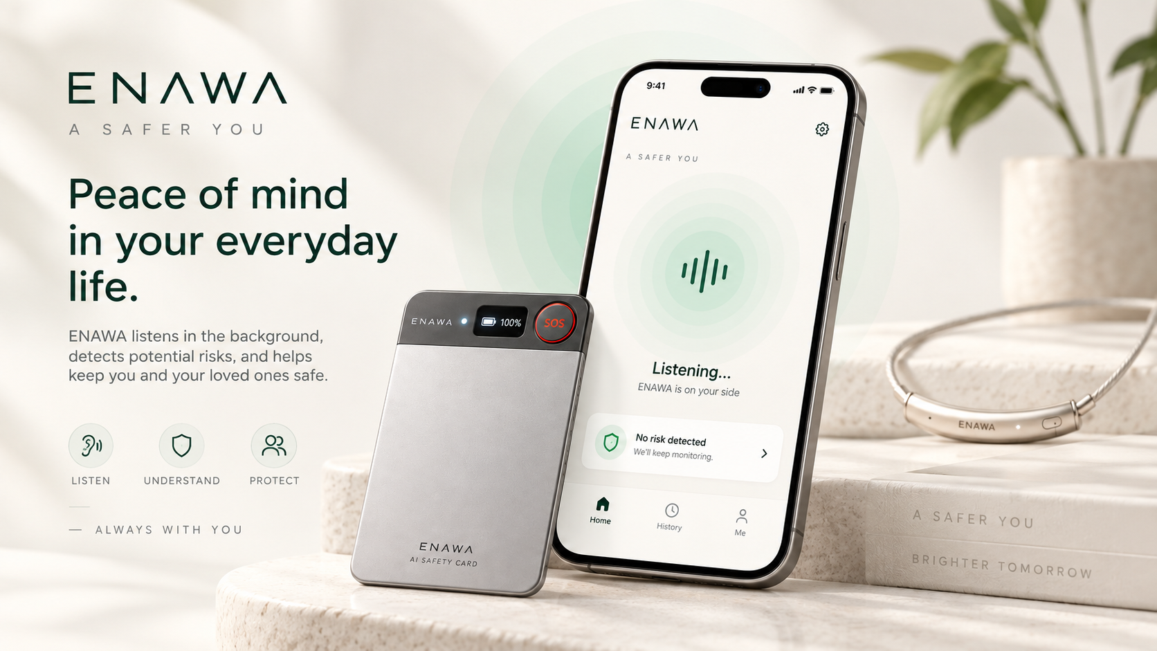 ENAWA Safety Card, the ENAWA app and PENDANT in an everyday setting
