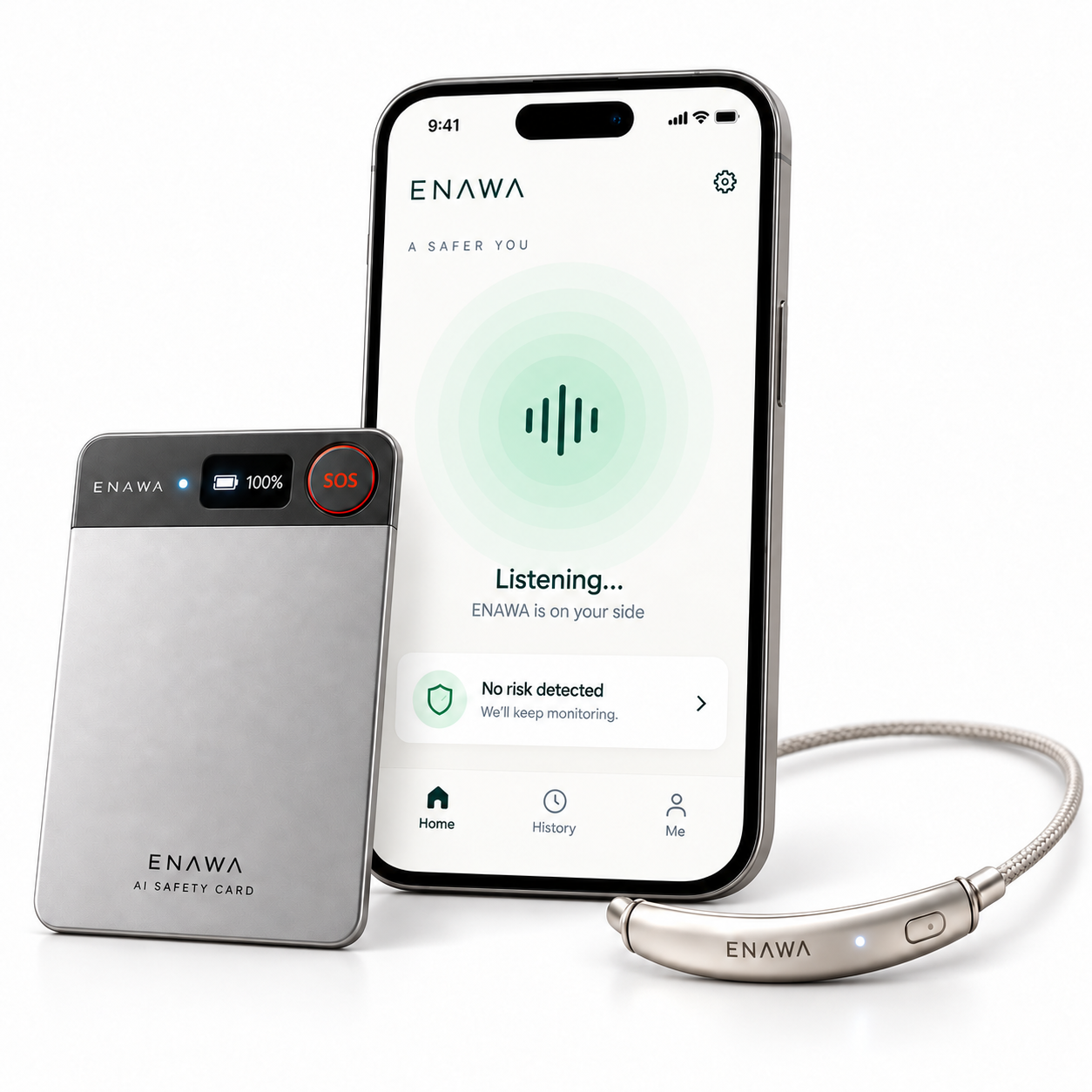 ENAWA Safety Card, Pendant and the listening screen on a phone
