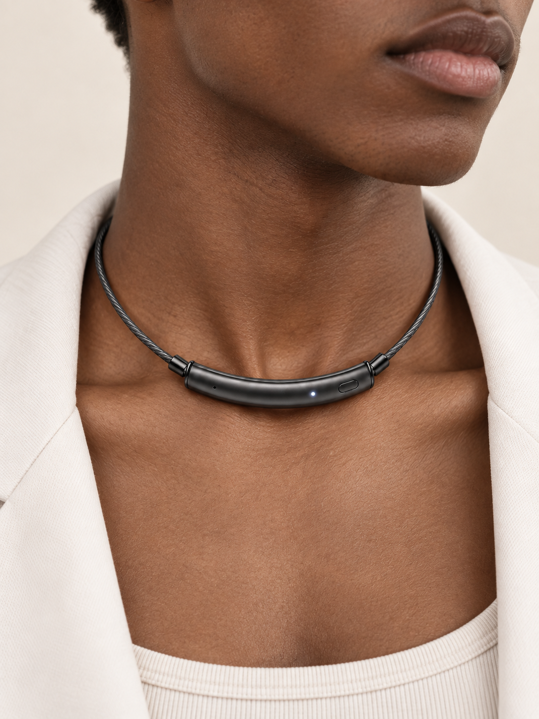 Detail of a black ENAWA Pendant being worn